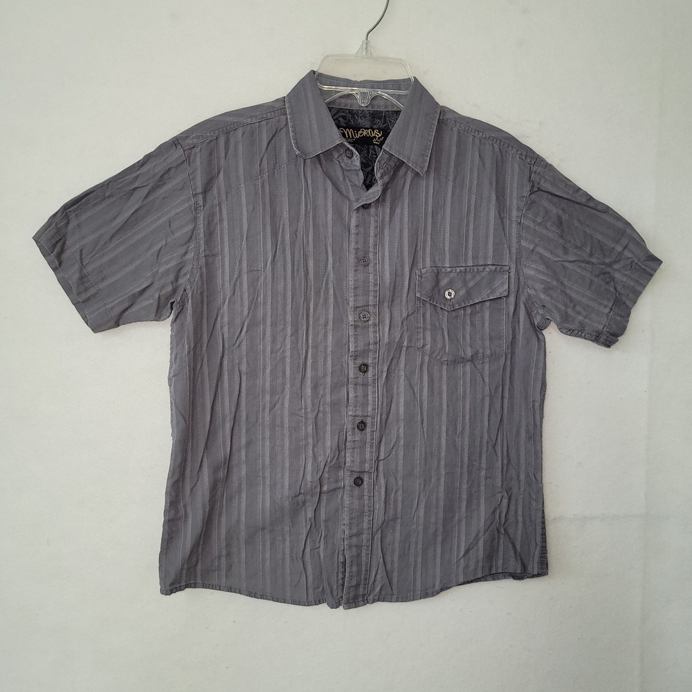 Micros‎ Shirt Boys Medium Gray Striped Short Sleeve Button Up Pocket Cotton